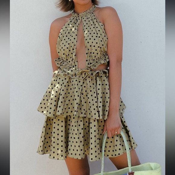 NWOT Mon Renn olive polka dot Roselyn ruffle mini dress - Picture 5 of 5